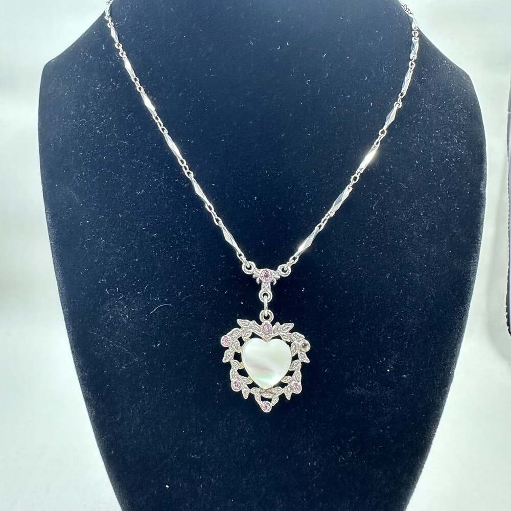 1928 Jewelry Mother of Pearl Heart Pendant Necklace Silver Tone Pink Rhinestones